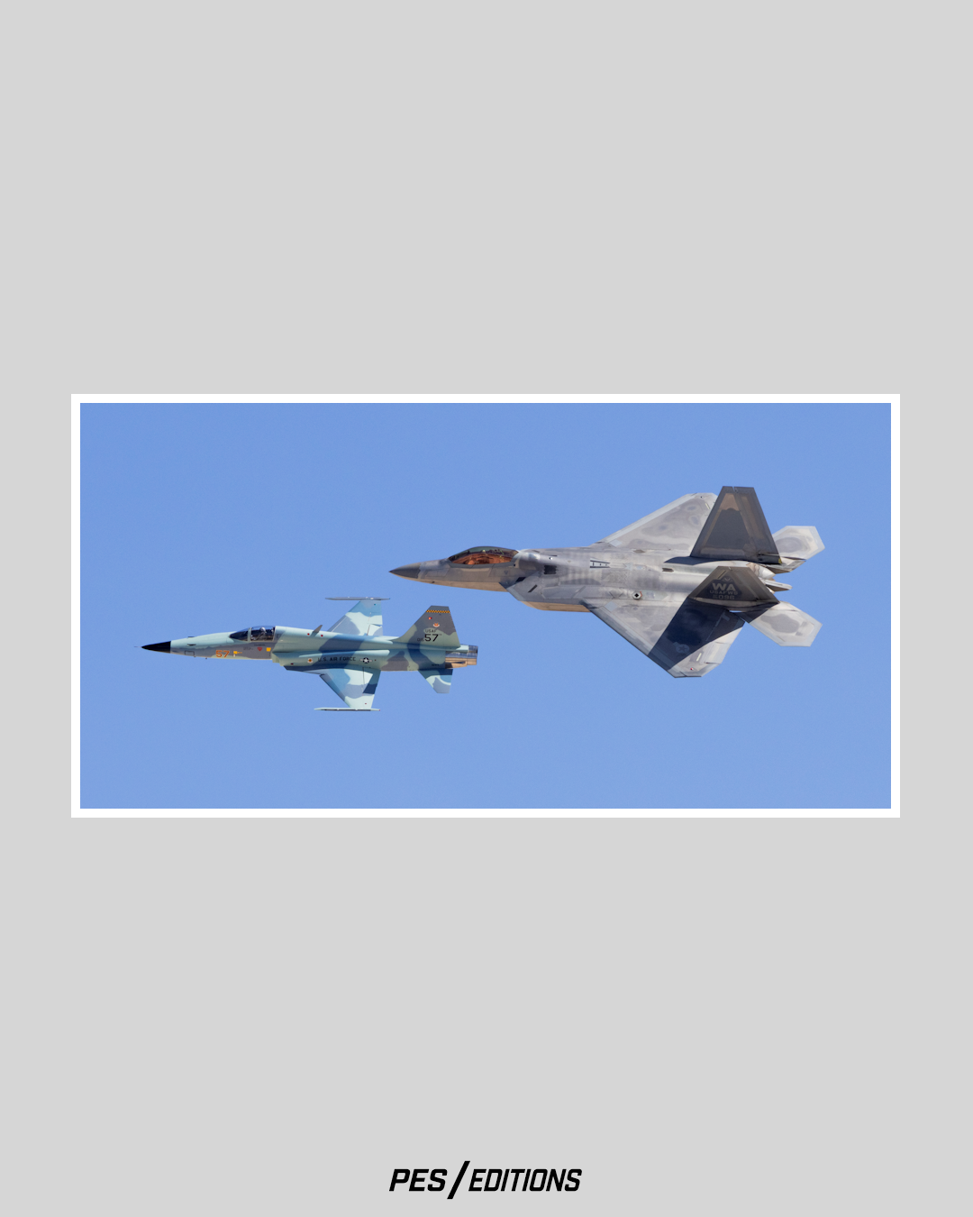 An F-22 Raptor flying alongside a camouflage F-5 Tiger aggressor jet. A high-contrast study of fighter generations over the Nevada desert.