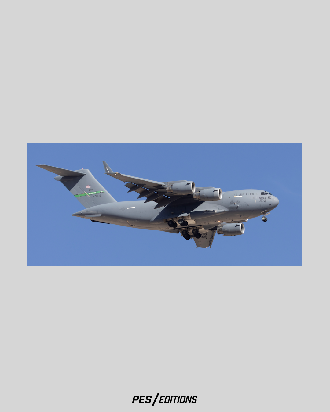 Underbelly mechanical study of a Boeing C-17A Globemaster III cargo aircraft, Tail 40066 from the 62nd Airlift Wing out of Joint Base Lewis-McChord, showing landing gear and flap extensions in sharp detail by Phil Schmauder.